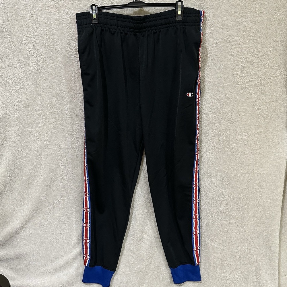 Champion‎ Track Pants Black With Red Blue Logo Tape Joggers Cuffed Size XL
